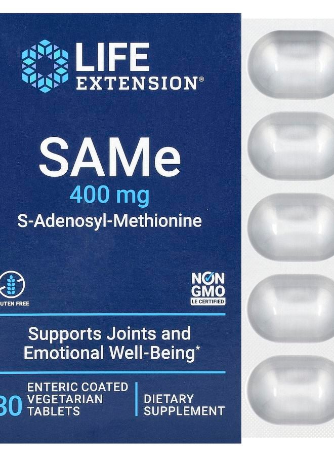 SAMe S-Adenosyl-Methionine 400 mg 30 Enteric Coated Vegetarian Tablets