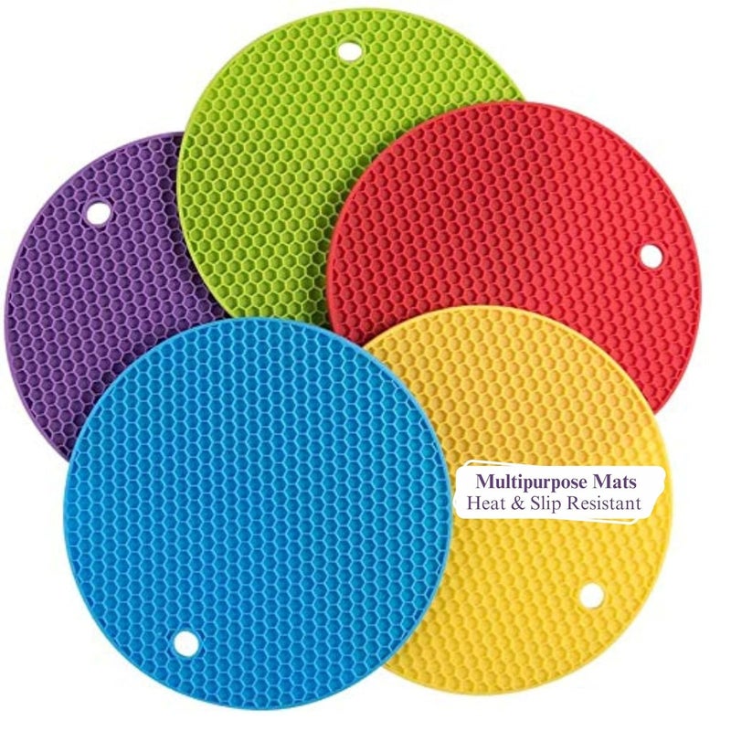 SynSo Silicone Round Mats Pack of 6 Heat Resistant Pot Holder NonSlip for Kitchen Potholders Hot Dishers Jar Opener Spoon Holder Food Grade Silicone Clearance Trivets Multicolour