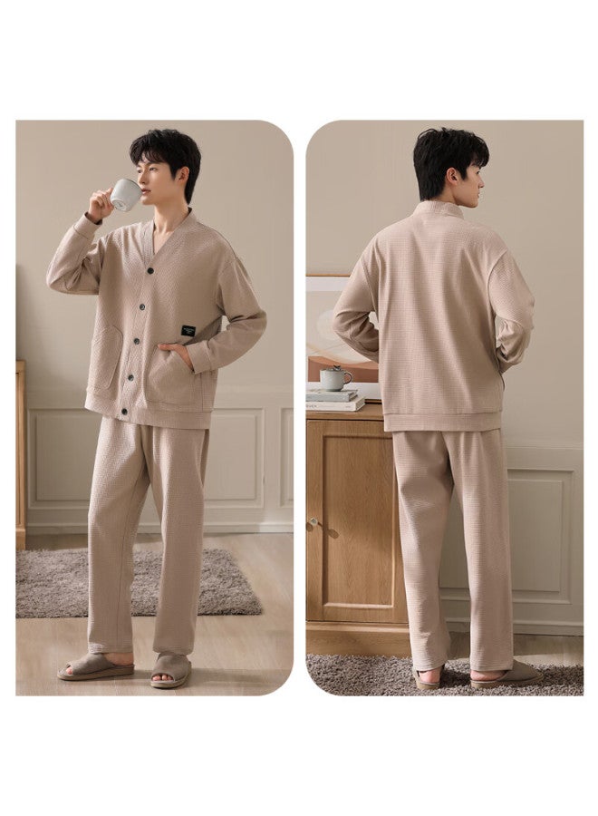 Xulen Waffle-textured Pajamas For Men, Autumn And Winter Pure Cotton Long-sleeve Loungewear Set, 72388 Rice Coffee Color, 2XL Size