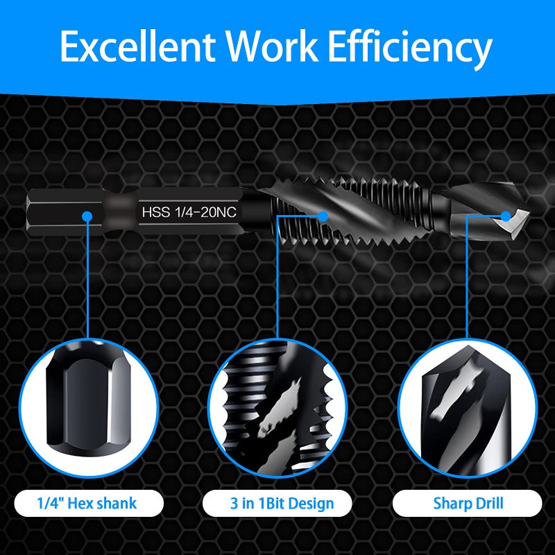 DKIBBITH Drill & Tap Bits Set of 13 pcs - 6 SAE Sizes: 6-32NC to 1/4-20NC, 6 Metric Sizes: M3 to M10 and a Quick-Change Adapter â€“ Combine Drilling Tapping Threading Countersinking Functions in One Bit, Black - Image 3