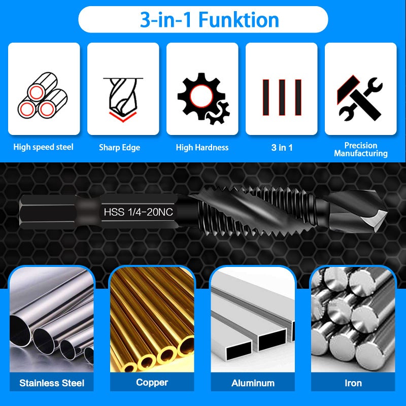 DKIBBITH Drill & Tap Bits Set of 13 pcs - 6 SAE Sizes: 6-32NC to 1/4-20NC, 6 Metric Sizes: M3 to M10 and a Quick-Change Adapter â€“ Combine Drilling Tapping Threading Countersinking Functions in One Bit, Black - Image 4