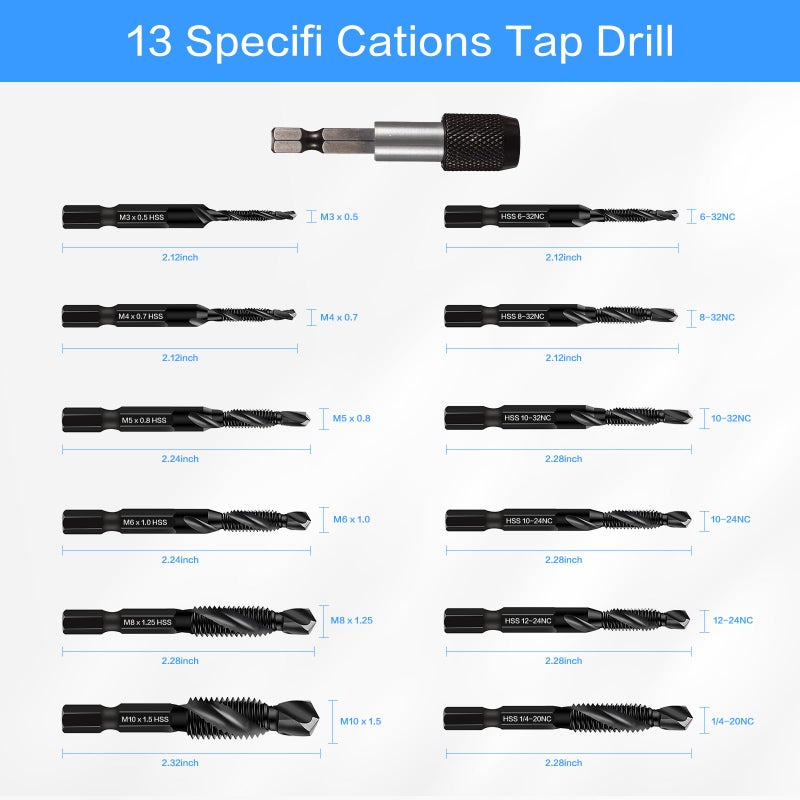 DKIBBITH Drill & Tap Bits Set of 13 pcs - 6 SAE Sizes: 6-32NC to 1/4-20NC, 6 Metric Sizes: M3 to M10 and a Quick-Change Adapter â€“ Combine Drilling Tapping Threading Countersinking Functions in One Bit, Black - Image 2