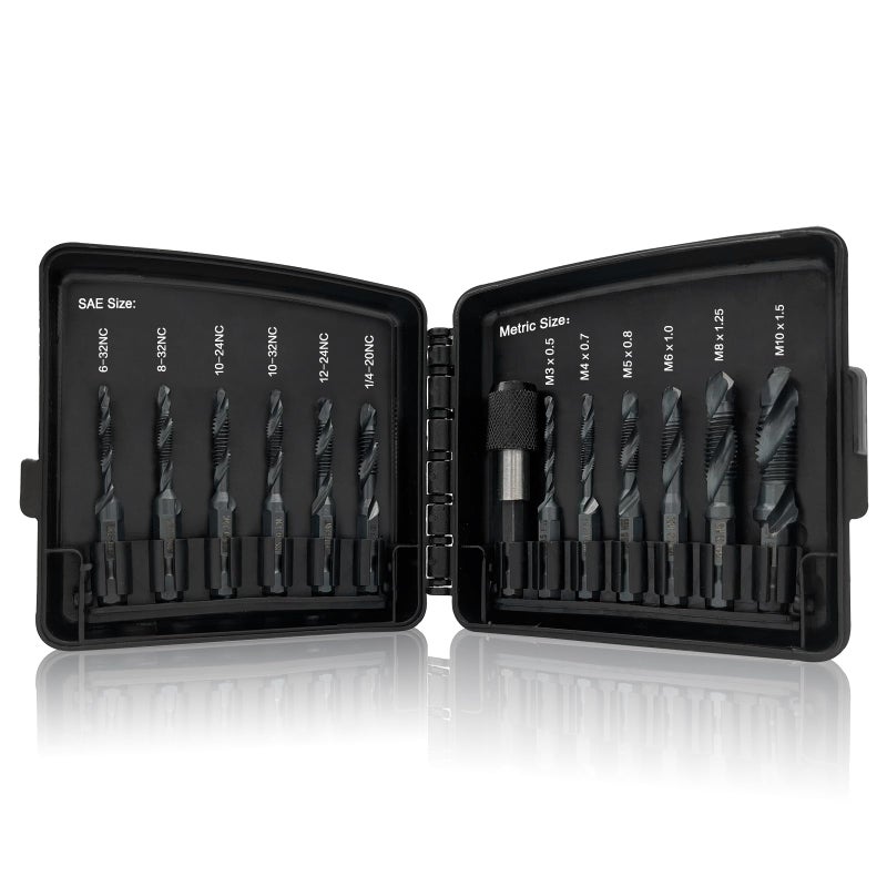 DKIBBITH Drill & Tap Bits Set of 13 pcs - 6 SAE Sizes: 6-32NC to 1/4-20NC, 6 Metric Sizes: M3 to M10 and a Quick-Change Adapter â€“ Combine Drilling Tapping Threading Countersinking Functions in One Bit, Black - Image 1
