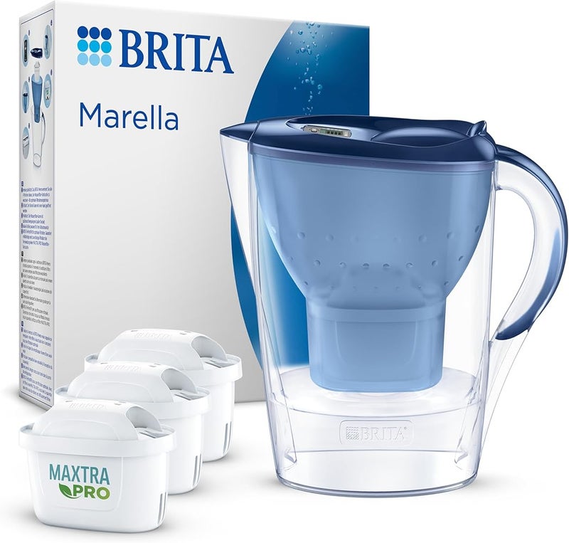 BRITA Marella Blue Water Filter Jug (2.4L) incl. 3 x Brita MAXTRA PRO All-in-1 Filters that Reduces Chlorine, Limestone, PFAS and Metals - Elegance and Functionality