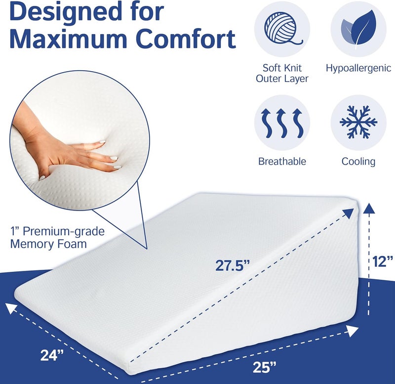 Ebung Bed Wedge Pillow with Memory Foam Top 12in - 45 Degree Wedge Pillow for Snoring, Neck Pillow for Pain Relief, Shoulder Pain, Back Pillow for Sitting in Bed, Heartburn - Removable, Washable Cover - Image 5