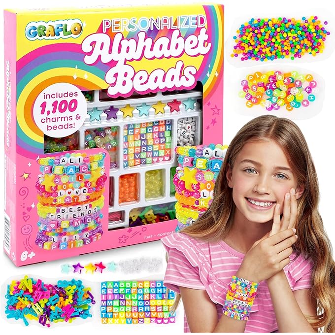 GRAFLO Bracelet Making Kit for Girls, 1000+ Charms & Beads, Alphabet Charms, Accent Seed Star Wax Beading Cord, Satin Cord Key Ring Included, Bright, Learning Toy Gift for Adolescent & Kids, for 6-12