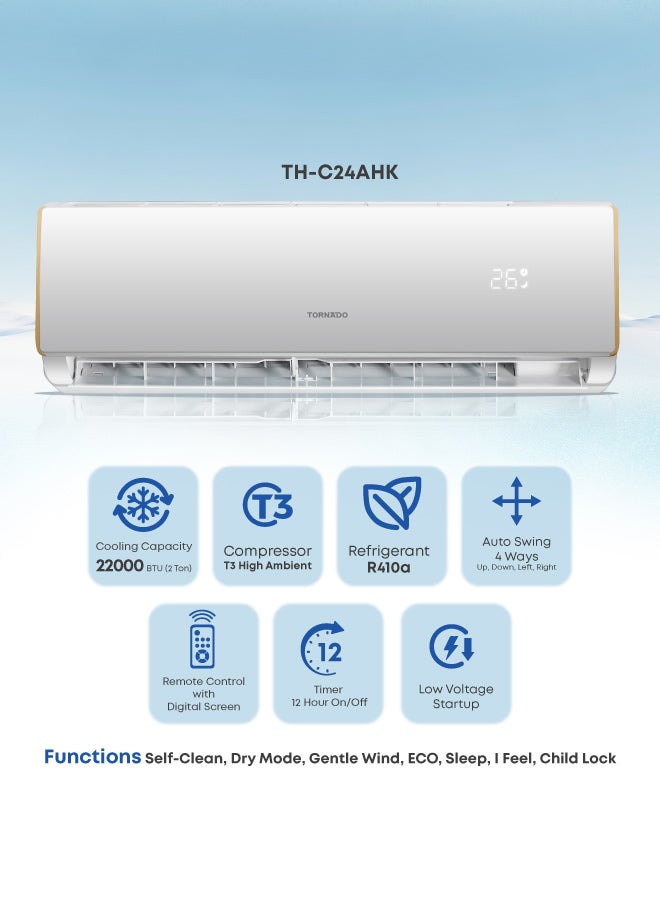 TORNADO 2 Ton Cool Split Air Conditioner, 22000 BTU, T3 Compressor, white, R410 Refrigerant, Turbo Mode, Digital Display, Golden fin, 4 Ways Swing, TH-C24AHK - Image 4