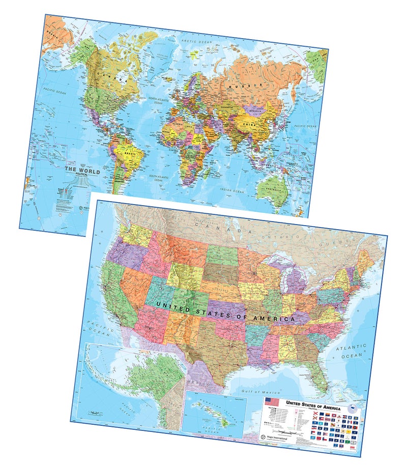 Maps International Laminated World Map & US Map Poster Pack - 17" x 22" - Maps of the World & United States - Detailed Cartography - Maps International - Image 1