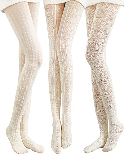 JaGely 3 Pairs 1/2/3 Pair White Lace Tights for Women White Fishnet Hollow out Knitted Tights Lolita Stockings Lace Strips Pantyhose (Classic Style,90g) - Image 1