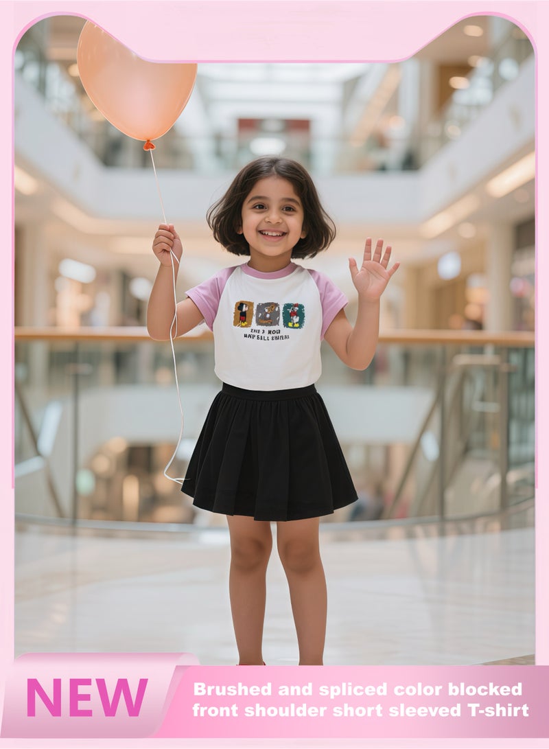 Brushed and color - blocked regular - shoulder short - sleeved T - shirts for girls, unique in design, fashionable, versatile, and great as a base layer. - Image 1