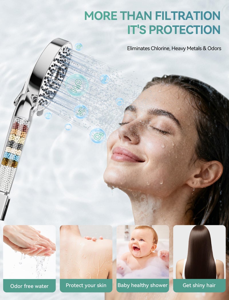 Magichome Filtered Shower Head with Handheld, High Pressure 10-Spd Detachable Chrome Showerhead with Stainless Hose, Water Softener Filter Beads for Hard Water - Remove Chlorine, Reduce Dry Itchy Skin - Image 3