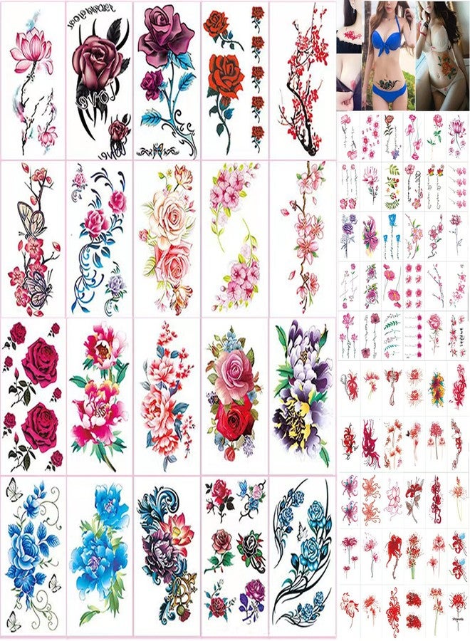 HinchJone 80 Sheets Flowers Temporary Tattoos Stickers Creative Small Red Flowers Large Roses Mixed Style Body Arm Chest Waist Face Neck Fake Tattoos for Women - Image 1