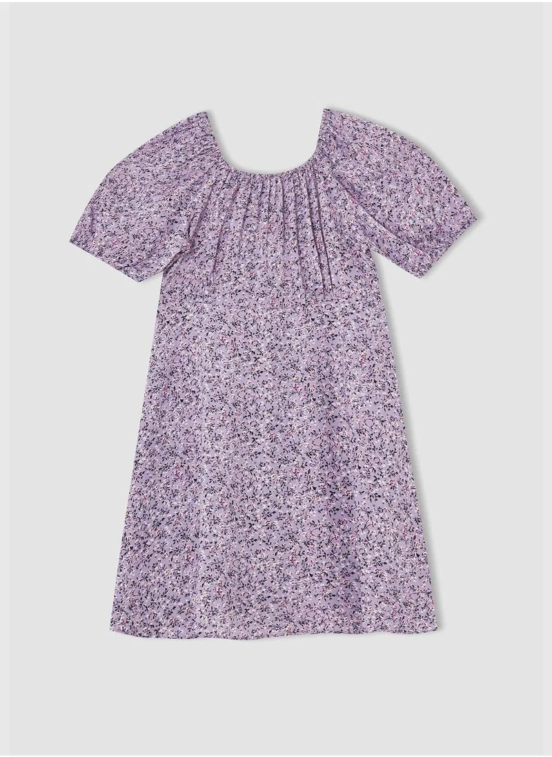 DeFacto Floral Patterned Square Neck Short Sleeve Dress