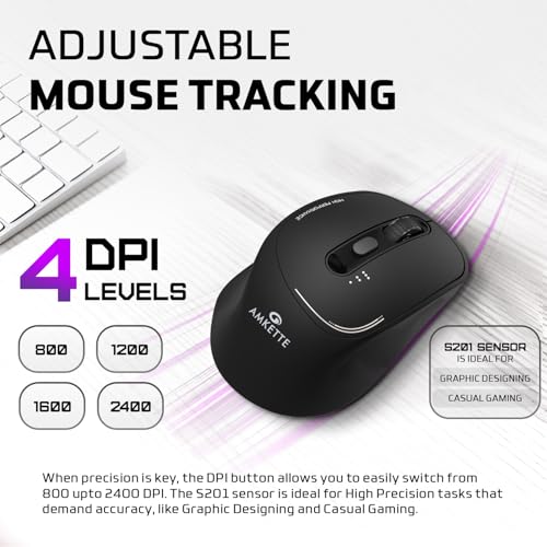 Amkette Hush Pro Epic Rechargeable Wireless Mouse/Bluetooth Mouse | 3 Device Connectivity (2xBT&2.4G)| 2400 DPI |Silent Switches| Premium Ergonomic Design Type C Charging | Black - Image 4