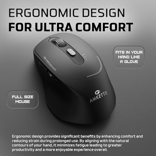 Amkette Hush Pro Epic Rechargeable Wireless Mouse/Bluetooth Mouse | 3 Device Connectivity (2xBT&2.4G)| 2400 DPI |Silent Switches| Premium Ergonomic Design Type C Charging | Black - Image 5