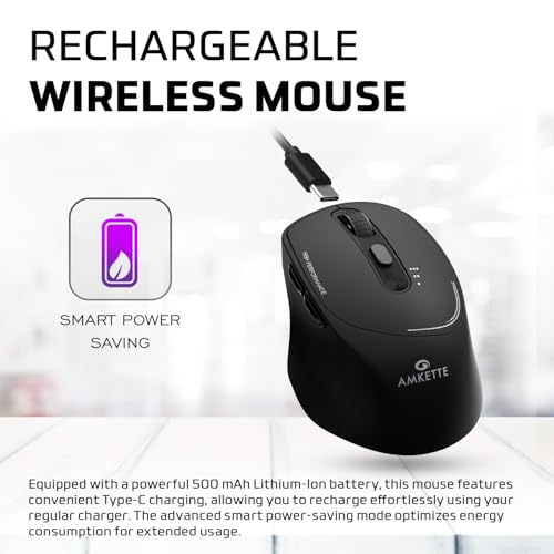 Amkette Hush Pro Epic Rechargeable Wireless Mouse/Bluetooth Mouse | 3 Device Connectivity (2xBT&2.4G)| 2400 DPI |Silent Switches| Premium Ergonomic Design Type C Charging | Black - Image 3