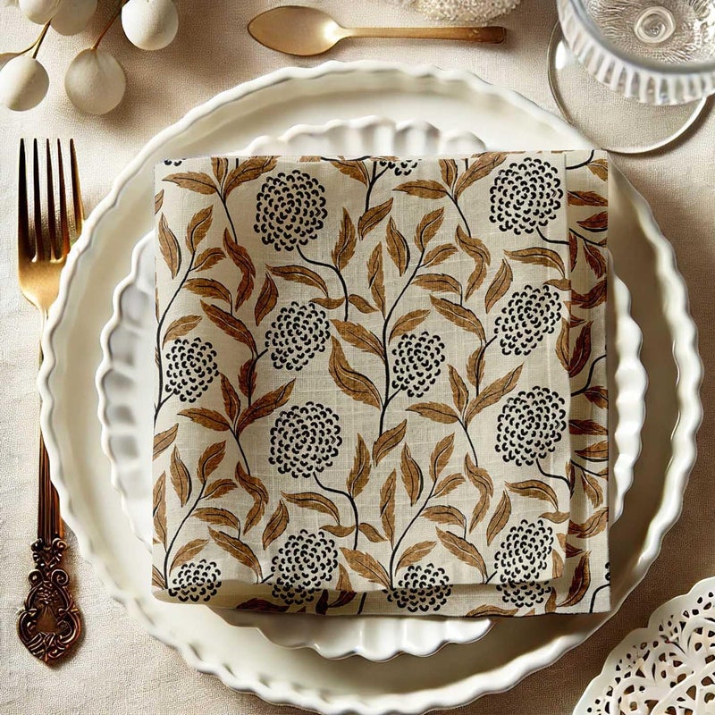 Vargottam Lotus Grace Cotton Muslin Napkins - Set of 12, 20x20 Inches, Beige with Brown Accents, Ideal for Spring and Summer Gatherings, Parties, and Everyday Use - Machine Washable - Image 5