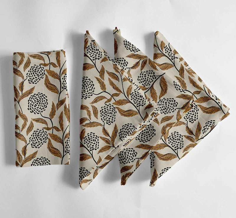 Vargottam Lotus Grace Cotton Muslin Napkins - Set of 12, 20x20 Inches, Beige with Brown Accents, Ideal for Spring and Summer Gatherings, Parties, and Everyday Use - Machine Washable - Image 1