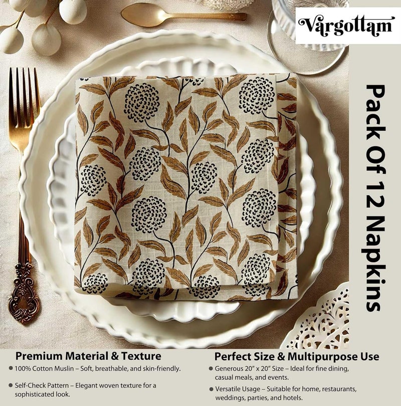 Vargottam Lotus Grace Cotton Muslin Napkins - Set of 12, 20x20 Inches, Beige with Brown Accents, Ideal for Spring and Summer Gatherings, Parties, and Everyday Use - Machine Washable - Image 4