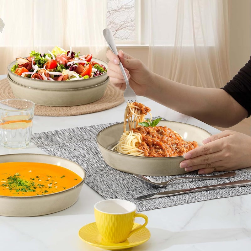 LIANYU 34oz Pasta Bowls Set of 4 87 Wide Ceramic Bowl Plates Shallow Stoneware Dinner Serving Plates Set for Salad Soup Cereal Fruit Dishwasher  Microwave Safe Sandy Beige - Image 4