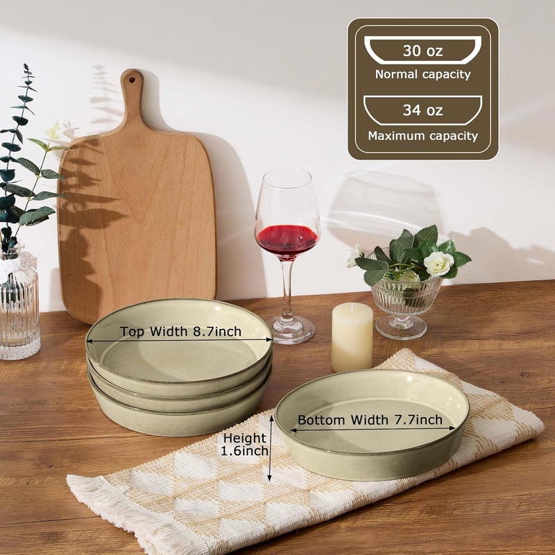 LIANYU 34oz Pasta Bowls Set of 4 87 Wide Ceramic Bowl Plates Shallow Stoneware Dinner Serving Plates Set for Salad Soup Cereal Fruit Dishwasher  Microwave Safe Sandy Beige - Image 3