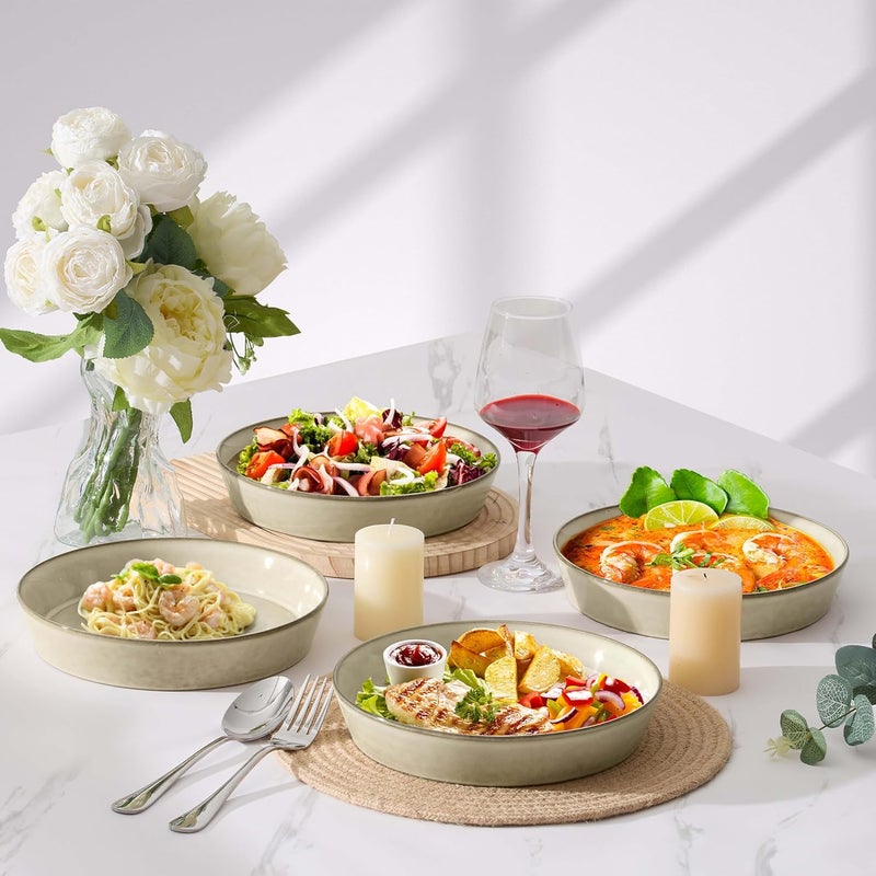 LIANYU 34oz Pasta Bowls Set of 4 87 Wide Ceramic Bowl Plates Shallow Stoneware Dinner Serving Plates Set for Salad Soup Cereal Fruit Dishwasher  Microwave Safe Sandy Beige - Image 5