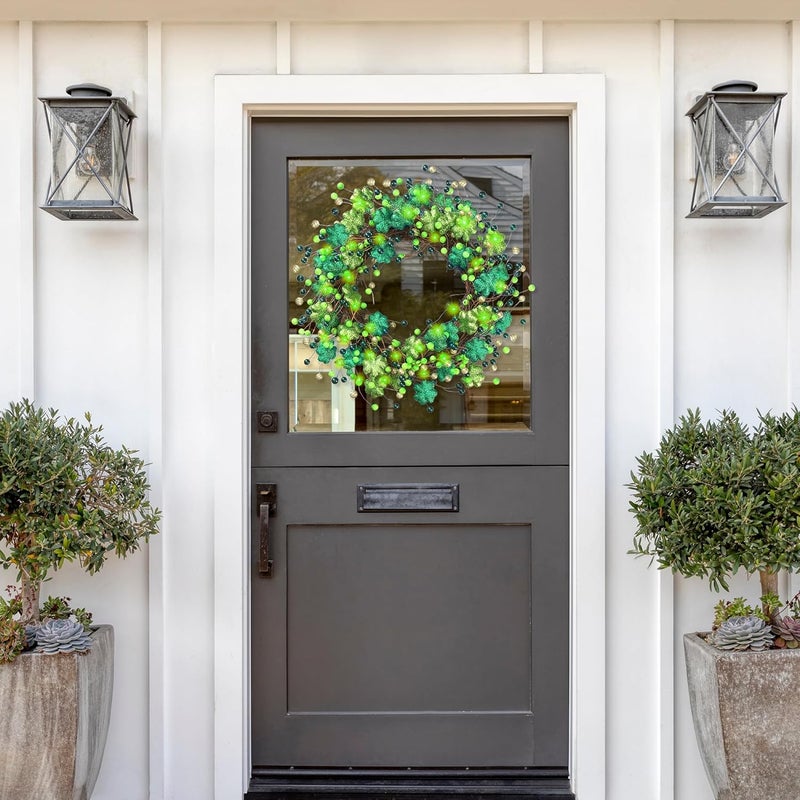 Sggvecsy 18 St Patricks Day Shamrocks Wreath for Front Door with Lights Artificial Glitter Shamrocks Wreath with Lucky Clover Green Berries for Irish St Patricks Day Decoration Wall Home Decor - Image 2