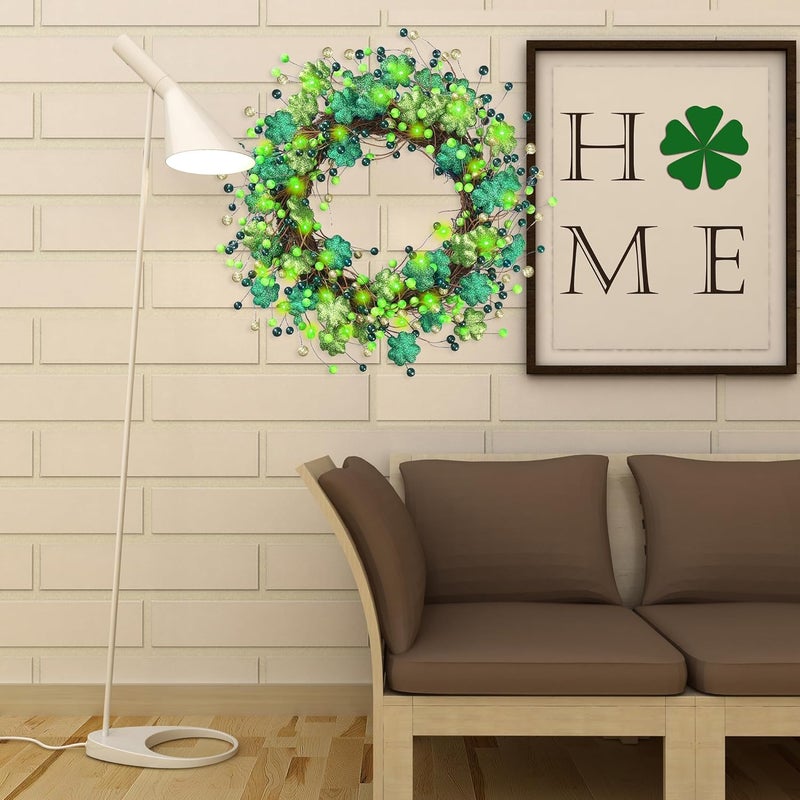 Sggvecsy 18 St Patricks Day Shamrocks Wreath for Front Door with Lights Artificial Glitter Shamrocks Wreath with Lucky Clover Green Berries for Irish St Patricks Day Decoration Wall Home Decor - Image 5