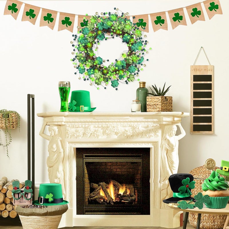 Sggvecsy 18 St Patricks Day Shamrocks Wreath for Front Door with Lights Artificial Glitter Shamrocks Wreath with Lucky Clover Green Berries for Irish St Patricks Day Decoration Wall Home Decor - Image 4