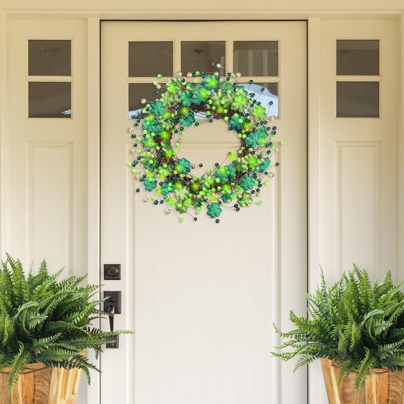 Sggvecsy 18 St Patricks Day Shamrocks Wreath for Front Door with Lights Artificial Glitter Shamrocks Wreath with Lucky Clover Green Berries for Irish St Patricks Day Decoration Wall Home Decor - Image 3