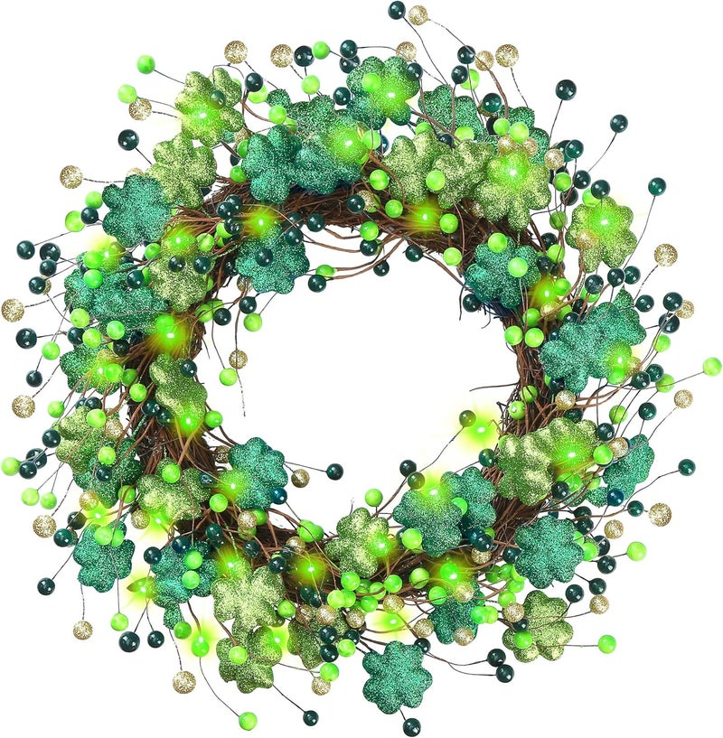 Sggvecsy 18 St Patricks Day Shamrocks Wreath for Front Door with Lights Artificial Glitter Shamrocks Wreath with Lucky Clover Green Berries for Irish St Patricks Day Decoration Wall Home Decor - Image 1