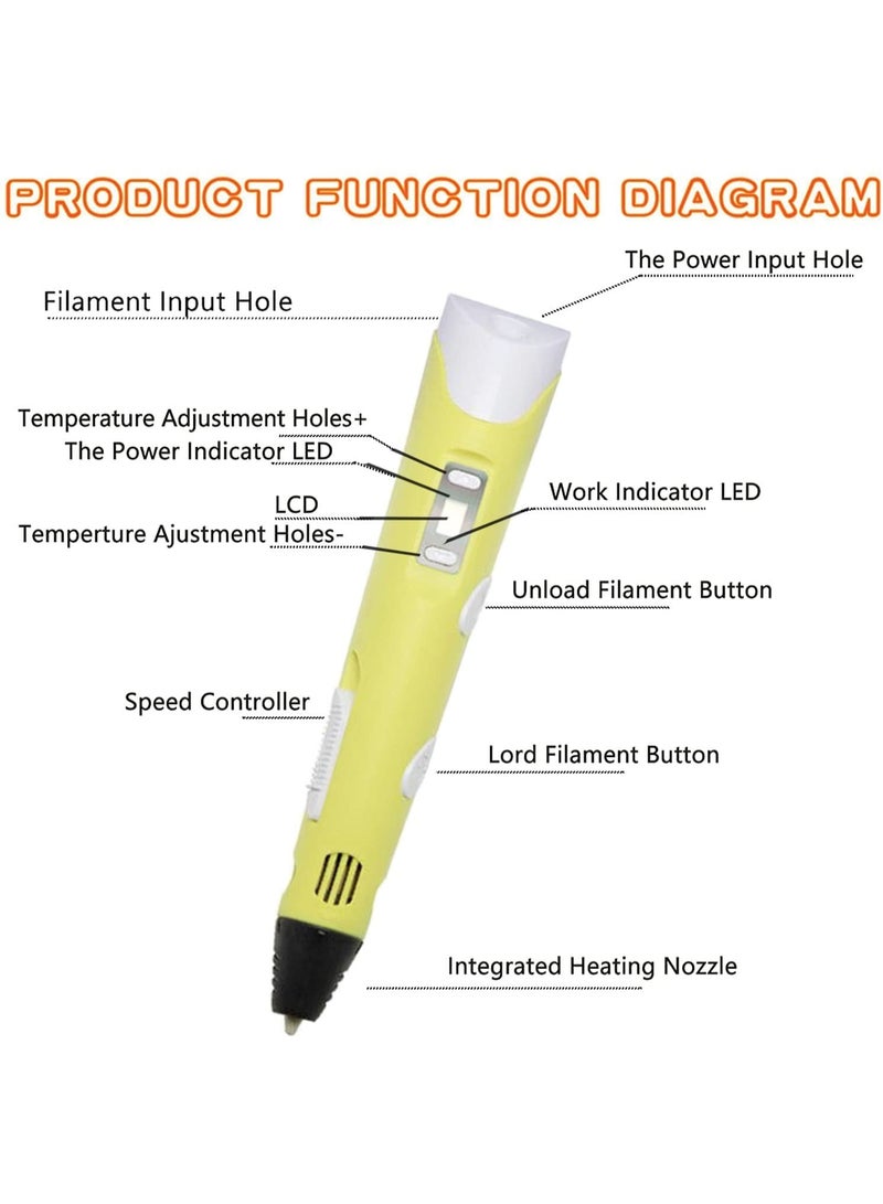 3D Printing Graffiti Pen, 3D Pen with Display Including Charger, Instruction Manual for Pen Base, 3D Drawing Pen with LCD Screen, 3D Doodler Pen Creative DIY Gift, Best Gifts for Kids, Suitable for Graffiti, Model Making Drawing (Yellow) - Image 5