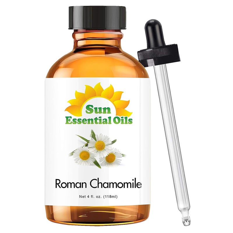 Sun Essential Oils زيوت أساسية من الشمس - زيت البابونج الروماني (4 أونصات) للناشر، البشرة، الجسم، الوجه، تدليك العلاج العطري وترطيب الهواء، عطر للصابون، الشموع، الشامبو وصنع اللوشن في المنزل - Image 1