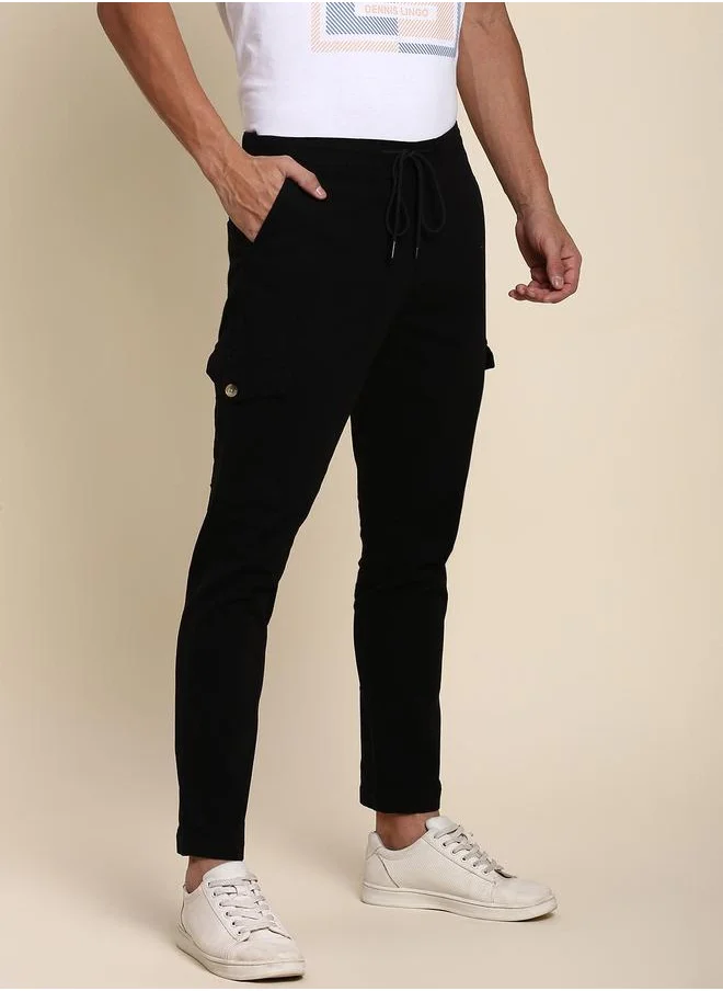 دينيس لينغو Black Regular Fit Solid Trouser for Men - Cotton Blend, Full Length, Button & Zip, Mid Rise, Casual