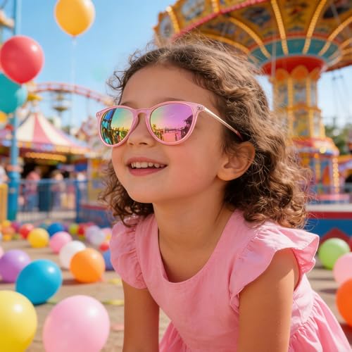 PORADAY Polarized Kids Sunglasses for Little Girls Boys 100% UV-400 Protection (Pink Frame/Pink Mirrored) - Image 2