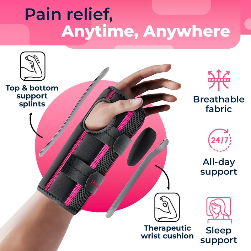 DR. BRACE Adjustable Wrist Brace Night Support for Carpal Tunnel, Doctor Developed, Upgraded with Double Splint & Therapeutic Cushion,Hand Brace for Pain Relief,Injuries,Sprains (S/M Right Hand, Black-Pink) - Image 2