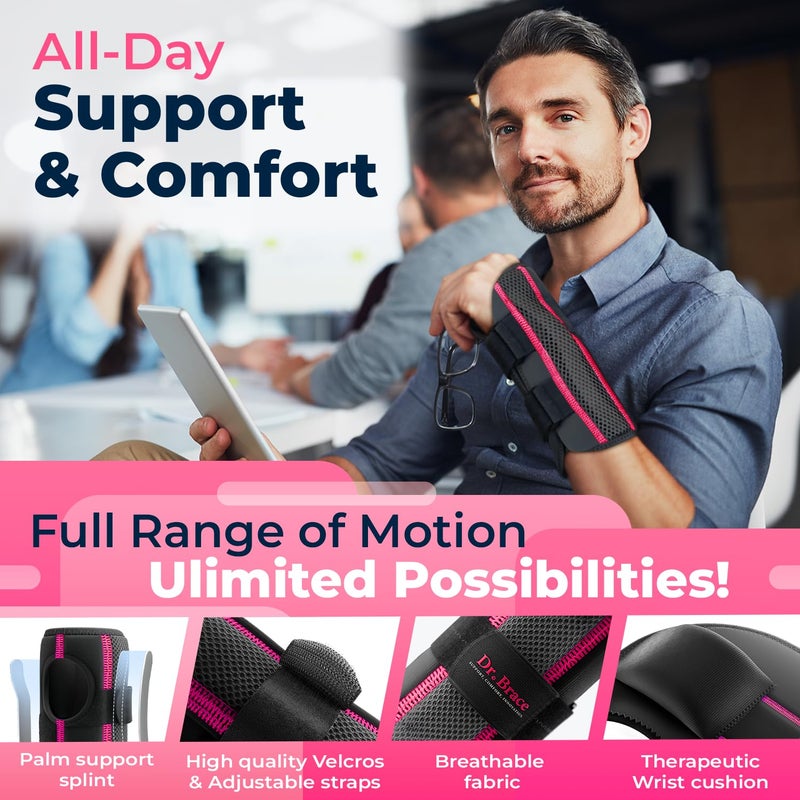 DR. BRACE Adjustable Wrist Brace Night Support for Carpal Tunnel, Doctor Developed, Upgraded with Double Splint & Therapeutic Cushion,Hand Brace for Pain Relief,Injuries,Sprains (S/M Right Hand, Black-Pink) - Image 4