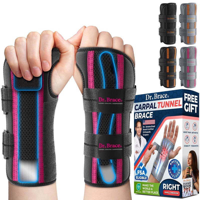 DR. BRACE Adjustable Wrist Brace Night Support for Carpal Tunnel, Doctor Developed, Upgraded with Double Splint & Therapeutic Cushion,Hand Brace for Pain Relief,Injuries,Sprains (S/M Right Hand, Black-Pink) - Image 1