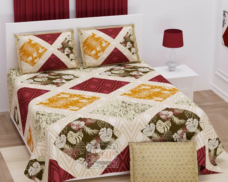 PURE COMFORT 100 Percent Twill Cotton Rajasthani Super King Size Double Bedsheet with 2 Pillow Covers, Super King, Brown - Image 1