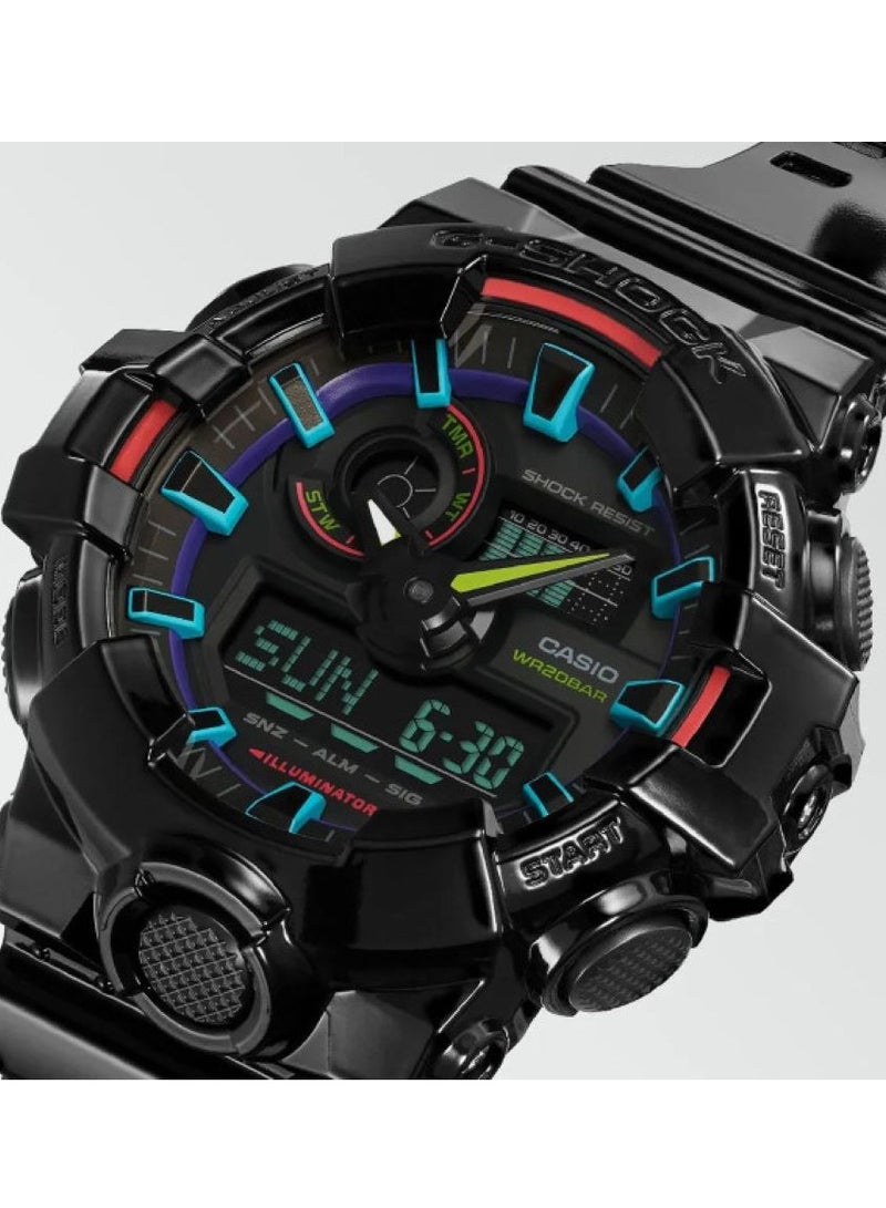 CASIO ساعة يد أنالوج ورقمية للرجال بحزام أسود لامع على شكل دائري GA-700RGB-1ADR - Image 3