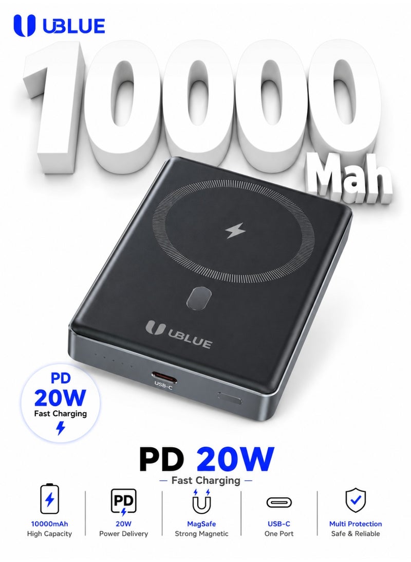 يوبلو بنك طاقة UBLUE فائق النحافة بسعة 10000 مللي أمبير، شاحن لاسلكي محمول بمنفذ USB-C، بطارية نحيفة لأجهزة iPhone وSamsung Galaxy وAirPods، رمادي - Image 1