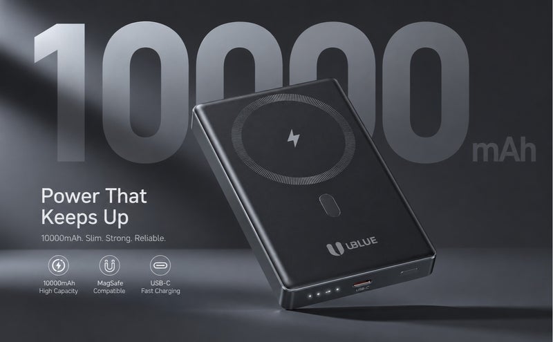 يوبلو بنك طاقة UBLUE فائق النحافة بسعة 10000 مللي أمبير، شاحن لاسلكي محمول بمنفذ USB-C، بطارية نحيفة لأجهزة iPhone وSamsung Galaxy وAirPods، رمادي - Image 2