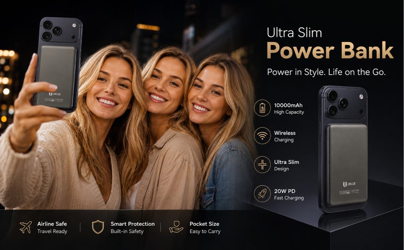 يوبلو بنك طاقة UBLUE فائق النحافة بسعة 10000 مللي أمبير، شاحن لاسلكي محمول بمنفذ USB-C، بطارية نحيفة لأجهزة iPhone وSamsung Galaxy وAirPods، رمادي - Image 3