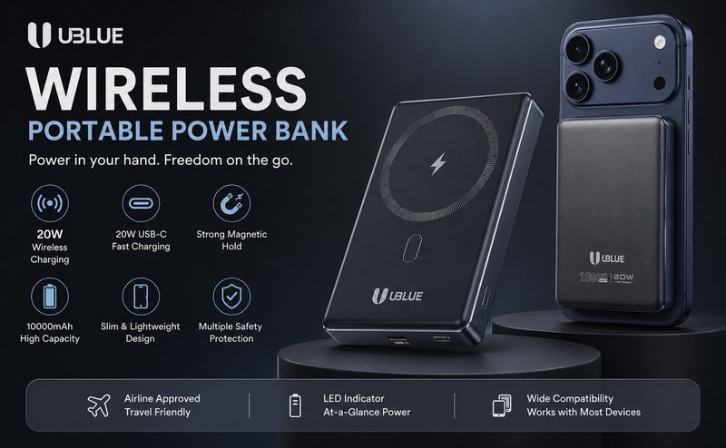 يوبلو بنك طاقة UBLUE فائق النحافة بسعة 10000 مللي أمبير، شاحن لاسلكي محمول بمنفذ USB-C، بطارية نحيفة لأجهزة iPhone وSamsung Galaxy وAirPods، رمادي - Image 4