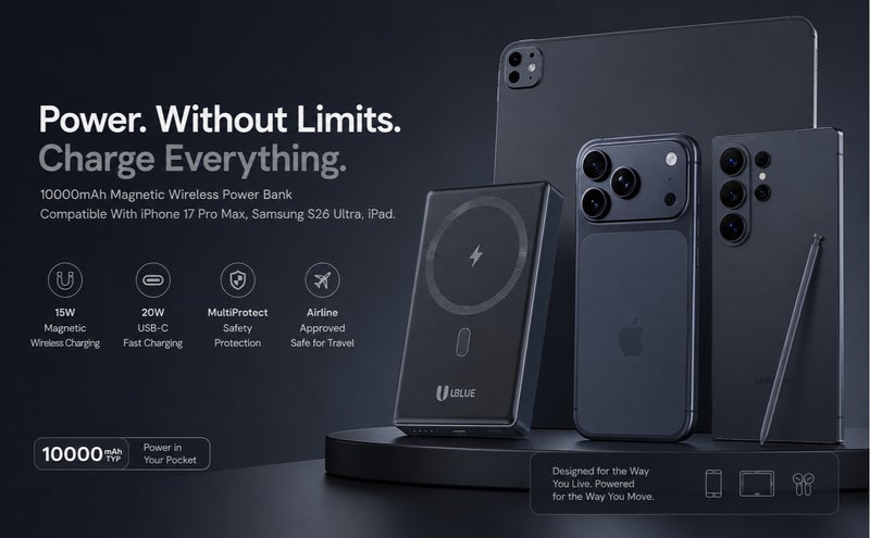 يوبلو بنك طاقة UBLUE فائق النحافة بسعة 10000 مللي أمبير، شاحن لاسلكي محمول بمنفذ USB-C، بطارية نحيفة لأجهزة iPhone وSamsung Galaxy وAirPods، رمادي - Image 5