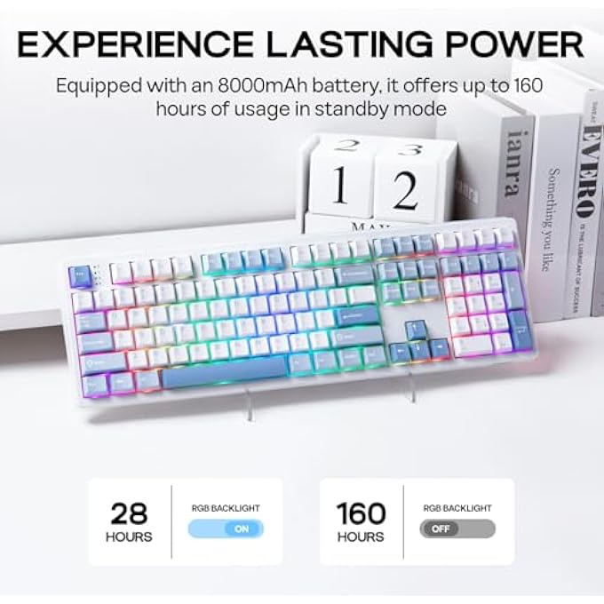 rayihni TH108 FULL SIZE MECHANICAL KEYBOARD, WIRELESS GAMING KEYBOARD WITH 8000MAH BATTERY, CREAMY GASKET, 108 KEYS, HOT SWAP, CUSTOM DRIVER, RGB BACKLIGHT (BLUE&WHITE, SEA SALT SILENT) - Image 3