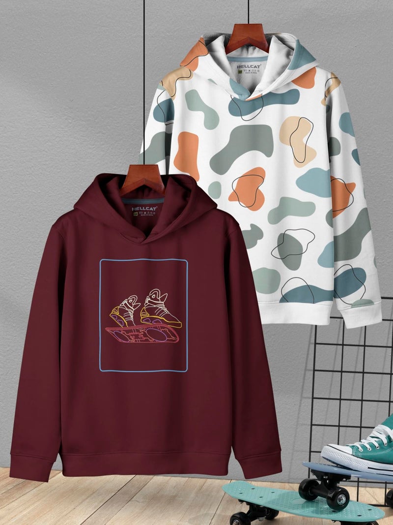 HELLCAT Trendy Printed Cotton Blend Hoodie Sweatshirt for Boys - Pack of 2_Burgundy/White1_13-14 Years - Image 2