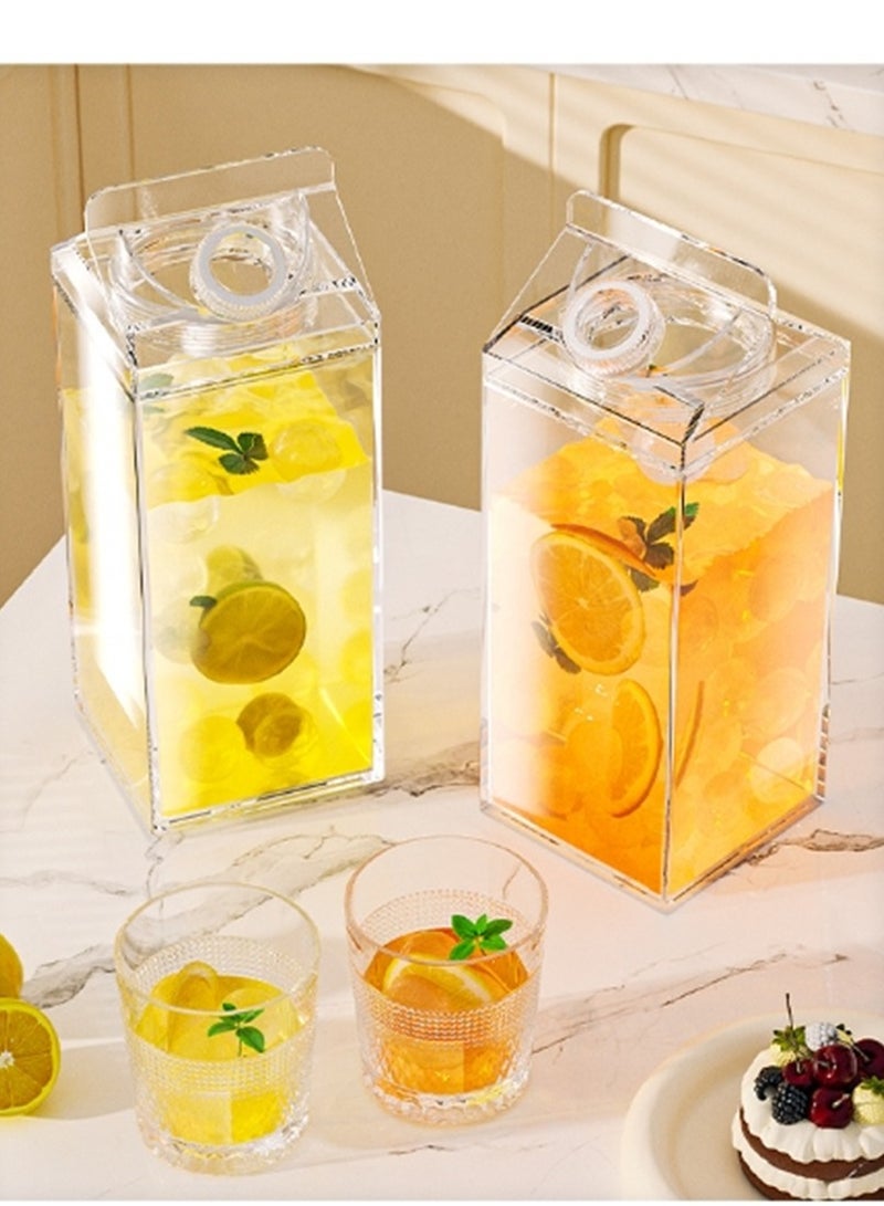4 Pack Milk Carton Water Bottles, 1900ML Full Clear Plastic Square Juice Bottle Water Jug, Portable Leakproof Milk Box Drink Container Tea Cup, for Hot Cold Drinks Juice Tea Beverage Milk and Smoothie, (4 Pack, Clear)  - Image 2