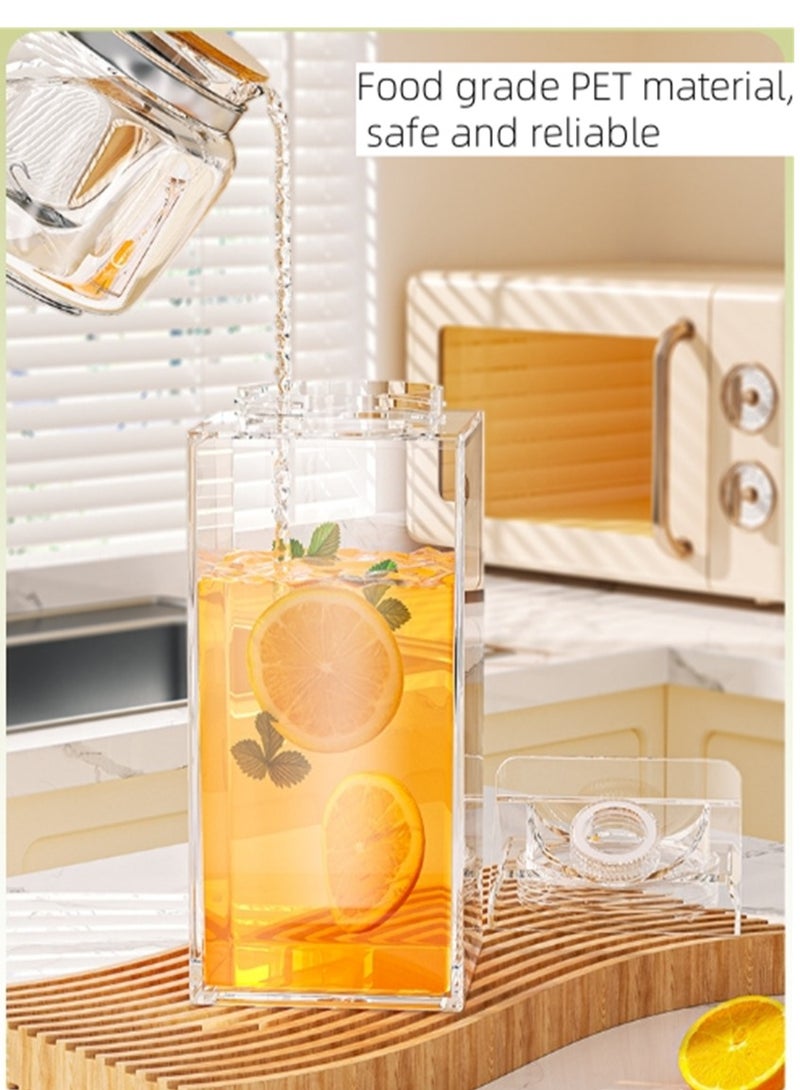 4 Pack Milk Carton Water Bottles, 1900ML Full Clear Plastic Square Juice Bottle Water Jug, Portable Leakproof Milk Box Drink Container Tea Cup, for Hot Cold Drinks Juice Tea Beverage Milk and Smoothie, (4 Pack, Clear)  - Image 5