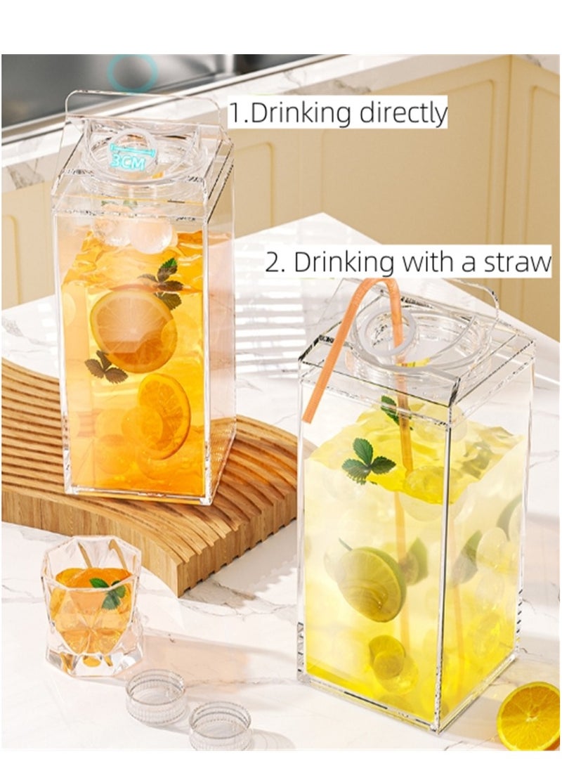 4 Pack Milk Carton Water Bottles, 1900ML Full Clear Plastic Square Juice Bottle Water Jug, Portable Leakproof Milk Box Drink Container Tea Cup, for Hot Cold Drinks Juice Tea Beverage Milk and Smoothie, (4 Pack, Clear)  - Image 4